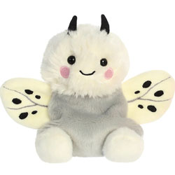 Palm Pals Astra Moth plus soft toy by Aurora World coming in a soft white and grey plush body, with white wings featuring black blotches, matching black antenna and a cute smily grin.