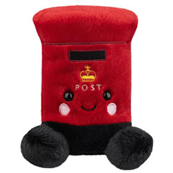 Palm Pals Bobby Postbox plush soft toy by Aurora World coming in a red plush body, with a black bottom rim and feet, the classic yellow Royal Mail crown, pink cheeks and a cute smily grin.