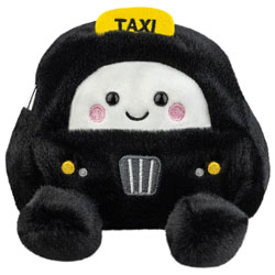 Palm Pals Freddie Black Taxi plush soft toy by Aurora World coming in a soft black fur, with  embroided side doors and radiator, yellow taxi sign and a cute smily grin.