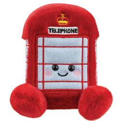 Aurora World Palm Pals Hattie Telephone Box. This vintage red telephone box  soft toy fits perfectly into the palm of your hand. Coming in a soft red plush body, with  the classic British Telecom windows, the Royal crown emblem and a cute smiley grin.