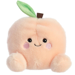 Palm Pals Mellow Peach Soft Toy. This super  soft toy peach fits perfectly into the palm of your hand. Coming in a  soft pale-peach plush body, with  a brown stalk and shiney green leaf, pink cheeks and a cute smiley grin.