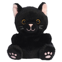 Aurora Palm Pals Twilight Black Cat Soft Toy. This gorgeous  soft toy black cat fits perfectly into the palm of your hand. Coming in a jet black soft plush body, with cute pink paw prints and matching pink inner ears and  nose, and a cute stitched smiley 