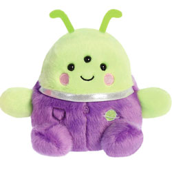 Aurora World Palm Pals Zorg Green Alien plush soft toy coming in a soft purple plush body, with a planet motif, a lime-green head and arms, green antennae, and a cute smiley grin.