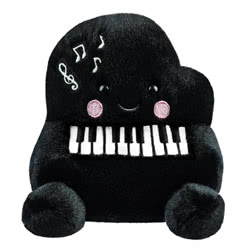 Palm Pals Paul Piano by Aurora. This Gorgeous little piano soft toy fits perfectly into the palm of your hand, coming in a jet black plush material with a cute black and white keyboard, pink cheeks and stylish, stitched musical notes.