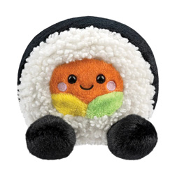 Aurora World Palm Pals Dani California Roll. This California Roll  soft toy fits perfectly into the palm of your hand. It comes wrapped in a black sparkly plush material with a white, bobbly inner and an orange, yellow and green middle. Finished with pink