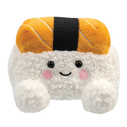 Palm Pals Suhiro Salmon Sushi by Aurora World. This delectable  soft toy fits perfectly into the palm of your hand. Coming in a soft white, bobbly plush material, topped with an orange salmon wrap, black eyes, pink cheeks and a cute smiley grin.