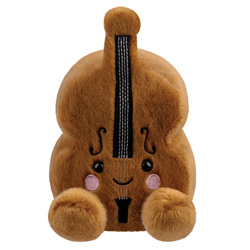 Aurora World Palm Pals Vanessa Violin  soft toy. This unique little violin soft toy fits perfectly into the palm of your hand. It comes in a mid-brown plush material body with black glossy eyes, pink cheeks, a smiley grin and  stitched violin strings.