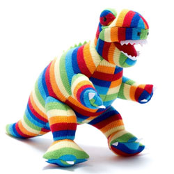 Best Years Knitted T-Rex Dinosaur Toy Bold Stripe. Made From 100% acrylic yarn with recycled polyester stuffing in a vibrant rainbow knitted body. Featuring soft white felt claws and matching white teeth plus hand stitched eyes, a long tail and the classi