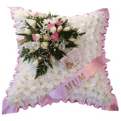 Funeral Flowers Pink Sash Funeral Cushion