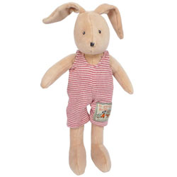 Moulin Roty Little Sylvain the Rabbit. This little soft toy rabbit comes with a soft 
plush beige body with long limbs and long bunny ears. 
It is wearing a red stripy romper suit which can be easily 
removed (and washed if needed) and put back on agai