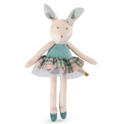 Moulin Roty Blue Rabbit Ecole De Danse. This little blue ballerina rabbit comes from their La Petite cole de Danse collection, it has a delicate embroidered face, rosy cheeks, a soft velvet body and wears a checked tutu and ballet slippers.