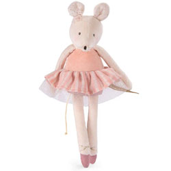 Moulin Roty Ecole De Dance Pink Mouse Doll. This lovely ballerina soft toy mouse is wearing a pink and silver skirt with sparkly netting. She comes with long legs,  pink ballet shoes, little whiskers, lined ears, a long gold mouse tail and is finished wit