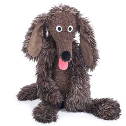 Moulin Roty Ecole des Loisirs Dumpster Dog Large. This quirky canine comes with a soft ruffled tummy, a shaggy brown flecked fur body, big wide eyes, long tail and snout, lined ears and a panting pink tongue.