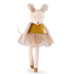 Moulin Roty Golden Mouse Ecole De Danse. This cute golden ballerina mouse comes from their La Petite cole de Danse collection, a selection of beautiful ballet inspired toys. The little mouse has a delicate embroidered face, rosy cheeks, a soft velvet bod