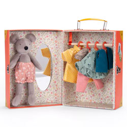 Moulin Roty La Grande Famille Nini Wardrobe Suitcase. Nini, the adorable little mouse doll, is wearing a pair of bloomer pants and comes with a complete wardrobe suitcase containing a mirror, clothes hangers and several outfits including a waistcoat, rain