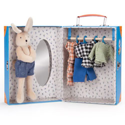 Moulin Roty La Grande Famille Sylvain Wardrobe Suitcase. Sylvain, the little rabbit doll, is wearing a pair of bloomer pants and comes with a complete wardrobe suitcase containing a mirror, clothes hangers and several outfits including a pullover, shirt, 