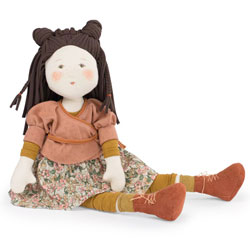 Moulin Roty Les Rosalies Marjolaine Rag Doll. Coming with a floral print cotton 
dress, 
dark brown hair with braids, brown tied booties, mustard leggings and the classic, delicately  painted face. She is made from super soft 
cotton.