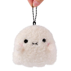 Noodoll Riceboo Ghost Keyring. This lovely little ghost keyring comes with a white fluffy body, two sparkling pink cheeks,  little sparkly black eyes  and is finished with a black ball keychain to attach it to whatever you like.