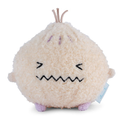 Noodoll Ricegarlic Mini Plush Toy. Coming with a subtle hint of pink, cream fur body, plus delicate lilac feet and matching forehead stripes, three little tufty head sprouts and the most wonderful expression.