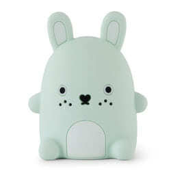 Noodoll Riceminty Night Light. Squishy, soft and cute, this sage green bunny rabbit night light is easy for little hands to operate. Made from BPA free, environmentally friendly silicone. A rechargeable night light featuring a 15 minute timer and tap on t