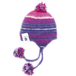 Pachamama Tarabuco Pastel Chullo. These hand knitted Pachamama chullo hats are made from 100% wool with a 
fleece lining. They come with ear flaps & pink braids finished with fluffy bobbles. Knitted in Nepal by local villagers using local wools & natural