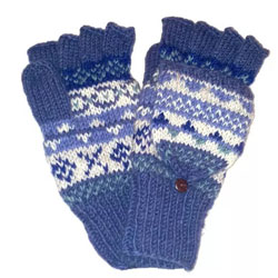 Pachamama Classic Fairisle Glove Mitts Denim. These Pachamama Glove Mitts are knitted in Nepal by local villagers using local wools and natural dyes to UK designs. Close the flap to keep your fingers warm. Fasten back the flap with the coconut button to u