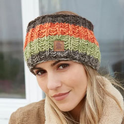 Pachamama Cotopaxi Headband Earth. These Pachamama headbands are knitted in Nepal by local villagers using local wools and natural dyes to UK designs. They feature thick bands of 'earthy' colours in browns, greens and oranges. They are fleece li