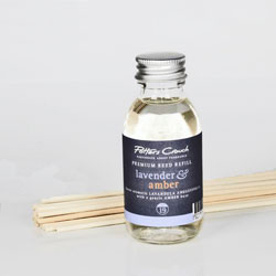 Potters Crouch Lavender & Amber Reed Diffuser Refill. A blend of sweet aromatic Lavandula Angustifolia and gentle Amber base notes. The refill can last for up to 12 weeks depending on location & room temperature. It is completely vegan friendly and cruelt