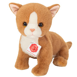 Teddy Hermann Baby Red Cat 24cm plush soft toy coming in a muted-ginger & white fur body, with upright pink lined ears, long tail, glossy eyes and adorable cute looks.