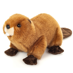 Teddy Hermann Beaver 28cm plush soft toy coming in soft, mid-brown fur with dark-brown webbed feet, matching flat tail and little cupped ears. It has dark brown glossy safety eyes, a cream muzzle and two white felt teeth, really cute.