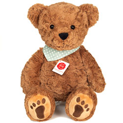 Teddy Hermann Brown Teddy Bear plush with Green Scarf 45cm coming in a mid-brown, ruffles fur body with pale-beige soles, featuring paw prints.