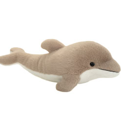 Teddy Hermann Dolphin 42 cm plush soft toy coming in a silky soft beige fur body with a white underside, the classic dolphin tail, fins and snout, black safety eyes and a smiley face.