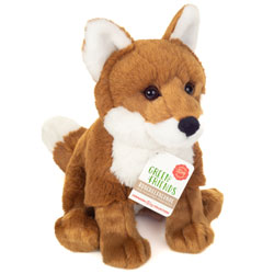 Teddy Hermann Fox Sitting 20cm plush soft toy with a ginger-red fur body, white tail tip, inner ears and throat, long tail and alert upright ears.