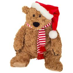 Teddy Hermann Howard Christmas Brown Bear 34cm Plush Teddy coming in a ruffled, caramel-brown fur body, black button nose and finished with a red and white scarf and matching red santa hat with a white fur edge and pom-pom.