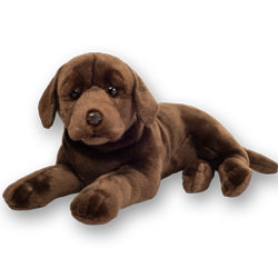 Teddy Hermann Labrador Chocolate Brown Lying 50cm dog coming in a chocolate-brown fur, long tail, soft pads and the classic Labrador features.