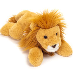 Teddy Hermann Lion Lying 33cm plush soft toy coming in a sandy-gold fur body with a splendid long caramel coloured mane, long tail tipped with mane-loke fur, a white muzzle and a soft brown nose.