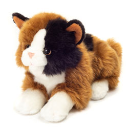 Teddy Hermann Lucky Cat Plush Soft Toy. This gorgeous plush kitty comes in a thick ginger and black fur coat with short white fur paws, face and tummy, upright lined ears, a delicate pink nose and glossy, realistic cat's eyes.