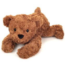 Teddy Hermann Lying Brown Teddy 40cm plush soft toy coming in a chocolate-brown, ruffled fur body with cupped ears, paw print feet, dark brown safety eyes, a little bobtail and the most adorable cute looks.