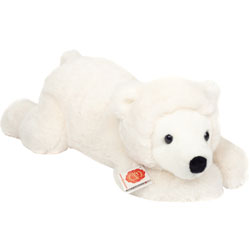 Teddy Hermann Polar Bear Lying 45cm plush soft toy coming in a soft, cream-white fur body with a little button tail, cupped ears, black button nose and glossy black safety eyes.