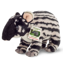 Teddy Hermann Baby Tapir 24cm plush soft toy. Featuring a stripy black and white fur body, the classic curved tapir head and a white tummy.