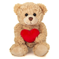 Teddy Hermann Teddy Bear with Red Heart 20cm Plush Toy coming in a ruffled, sandy-brown fur body carrying a red love heart.