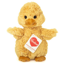 Teddy Hermann Vivi Chick 17cm Plush Soft Toy coming in a ruffled, muted-yellow fur body with orange webbed feet and bill, little outstretched wings and glossy black safety eyes.
