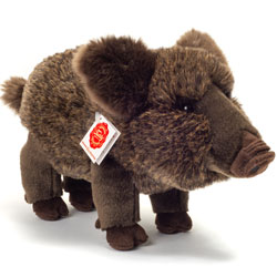 Teddy Hermann Wild Boar 30cm plush soft toy coming in a fluffy, dark-brown fur body with fluffy ears, smooth snout and legs, little tail and glossy brown safety eyes.