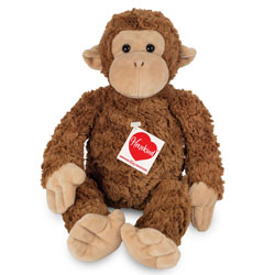 Teddy Hermann Yoyo Monkey 39cm Plush Soft Toy coming in a ruffled, chocolate-brown fur body with pale-beige hands, feet, ears and face, long tail and black safety eyes.