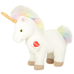 Teddy Hermann Zoey Unicorn 27cm plush soft toy coming with a white fur body with beige hooves, a gold glittering horn, pink lined ears, glittery eyes and finished with a gorgeous rainbow mane and tail.